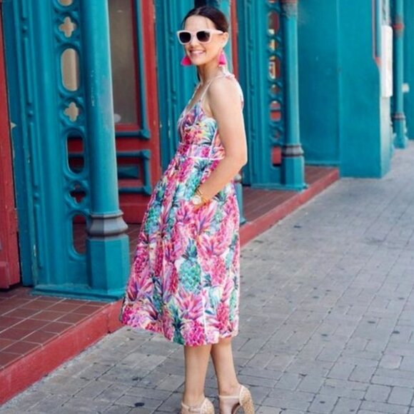J.CREW Ratti Multicolor Painted Pineapple Summer Spaghetti Strap Midi Dress - Picture 13 of 16